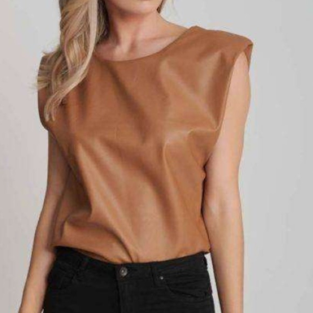 Unique Lavish Boutique Camel Faux Leather Sleeveless Box Top Blouse S